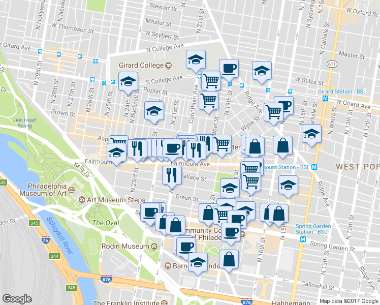 map of restaurants, bars, coffee shops, grocery stores, and more near 717 Corinthian Avenue in Philadelphia