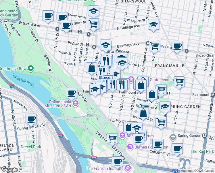 map of restaurants, bars, coffee shops, grocery stores, and more near 2330 Perot Street in Philadelphia