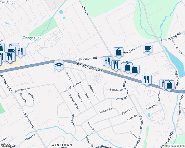 map of restaurants, bars, coffee shops, grocery stores, and more near 1224 West Chester Pike in West Chester