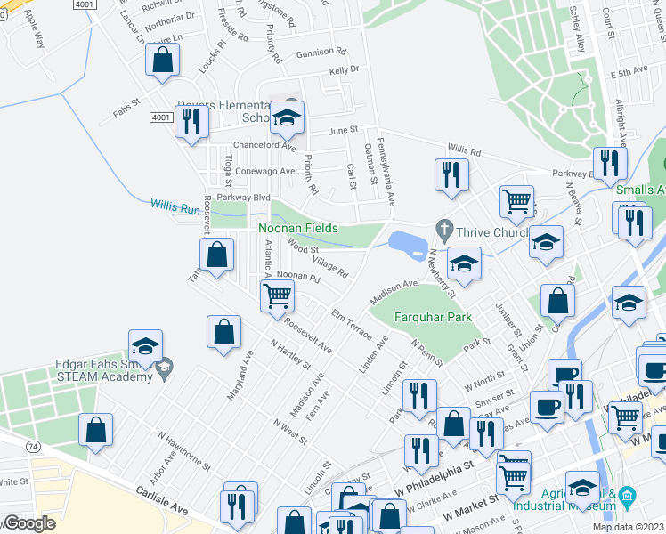 map of restaurants, bars, coffee shops, grocery stores, and more near 741 Village Road in York