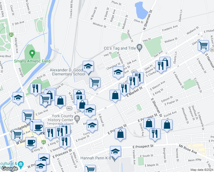 map of restaurants, bars, coffee shops, grocery stores, and more near 509 East Philadelphia Street in York