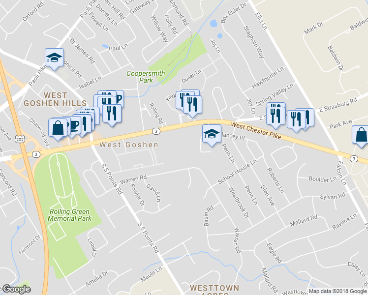 map of restaurants, bars, coffee shops, grocery stores, and more near 1140 W Chester Pike in West Chester