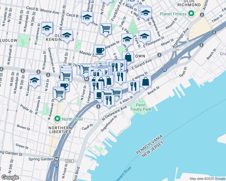 map of restaurants, bars, coffee shops, grocery stores, and more near 218 East Wildey Street in Philadelphia