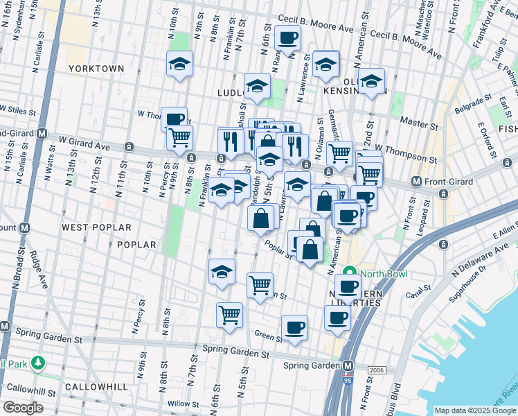 map of restaurants, bars, coffee shops, grocery stores, and more near 946 North 5th Street in Philadelphia