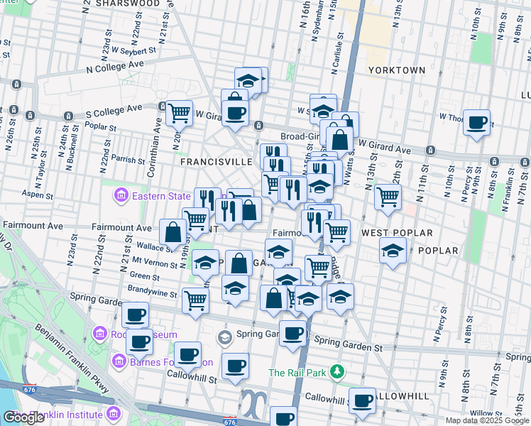 map of restaurants, bars, coffee shops, grocery stores, and more near 1609 Swain Street in Philadelphia