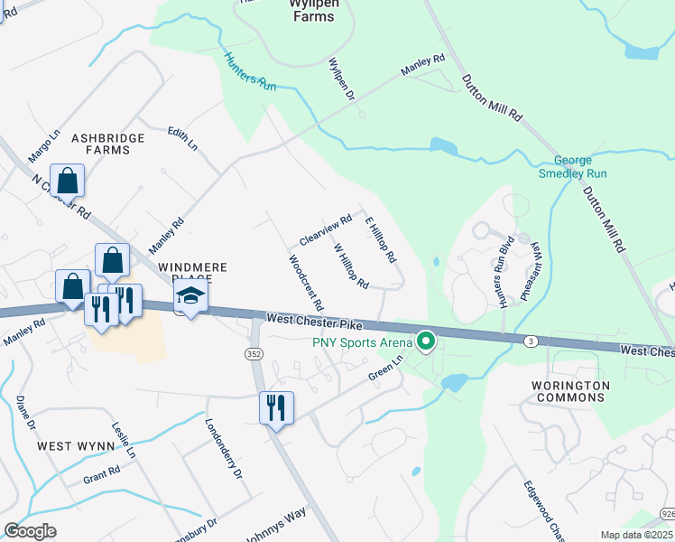 map of restaurants, bars, coffee shops, grocery stores, and more near 116 W Hilltop Rd in West Chester