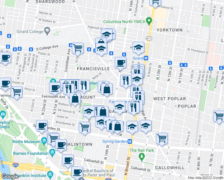 map of restaurants, bars, coffee shops, grocery stores, and more near 1619 Swain Street in Philadelphia
