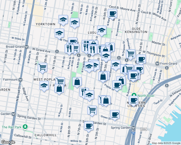 map of restaurants, bars, coffee shops, grocery stores, and more near 922 North Marshall Street in Philadelphia