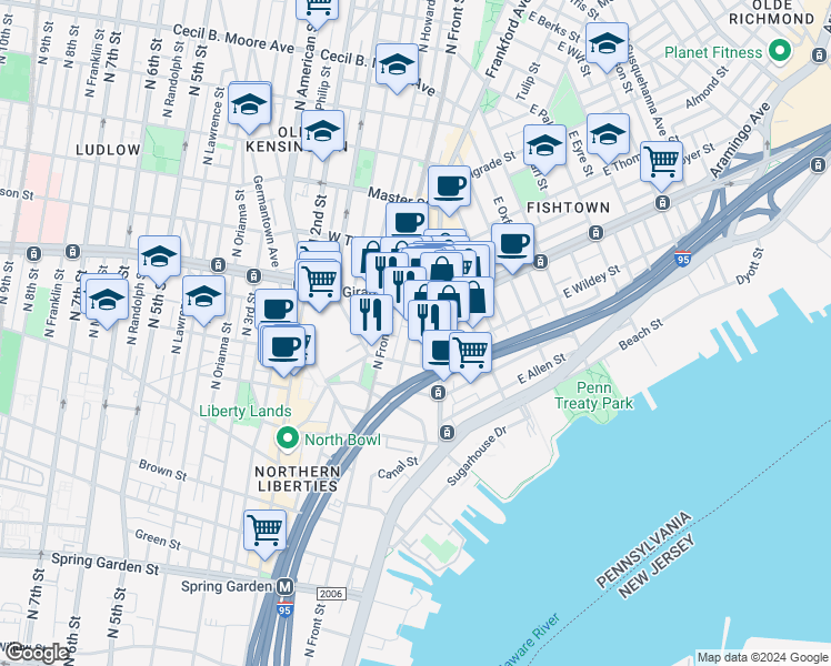 map of restaurants, bars, coffee shops, grocery stores, and more near 1132 Dunton Street in Philadelphia