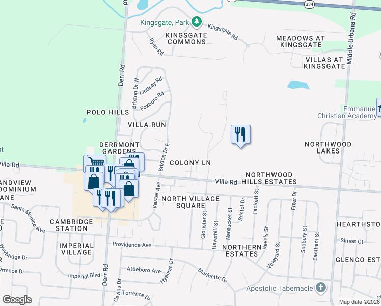 map of restaurants, bars, coffee shops, grocery stores, and more near 3034 Colony Lane in Springfield