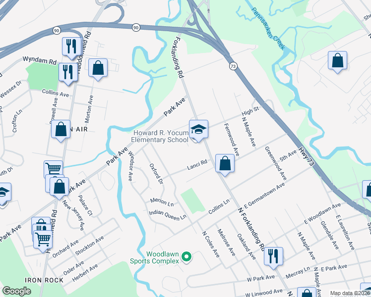 map of restaurants, bars, coffee shops, grocery stores, and more near 748 North Forklanding Road in Maple Shade Township
