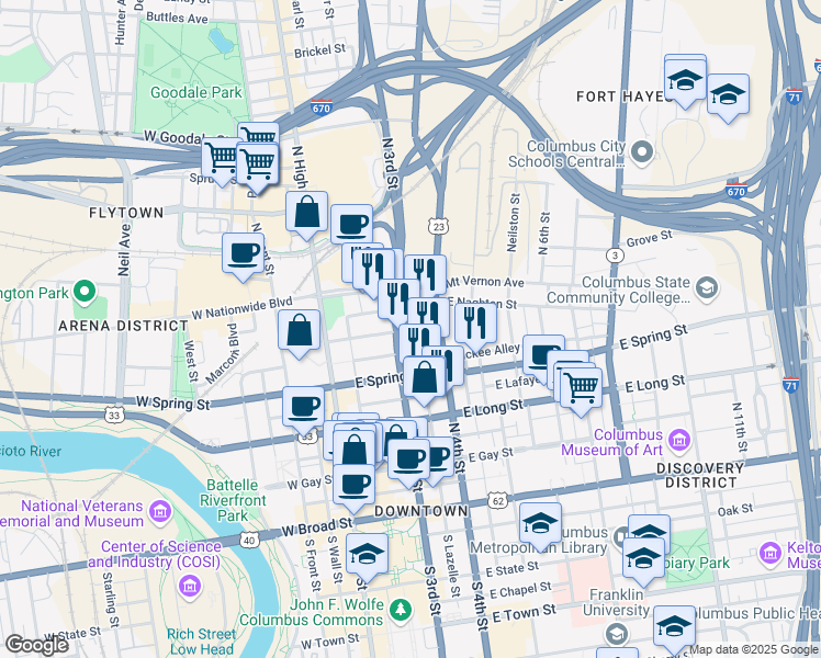 map of restaurants, bars, coffee shops, grocery stores, and more near 116 East Chestnut Street in Columbus