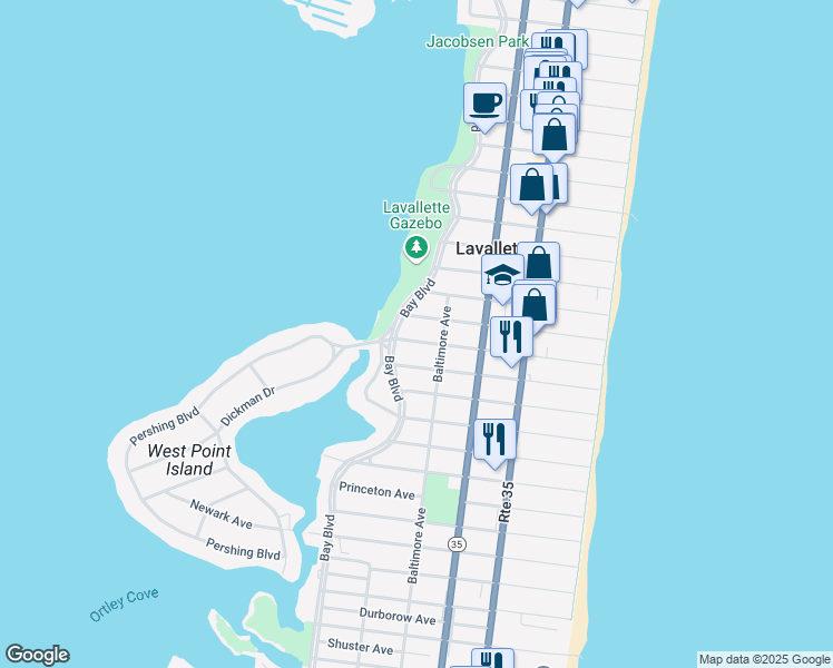map of restaurants, bars, coffee shops, grocery stores, and more near 1502 Baltimore Avenue in Lavallette