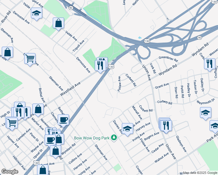 map of restaurants, bars, coffee shops, grocery stores, and more near 7300 North Crescent Boulevard in Pennsauken Township
