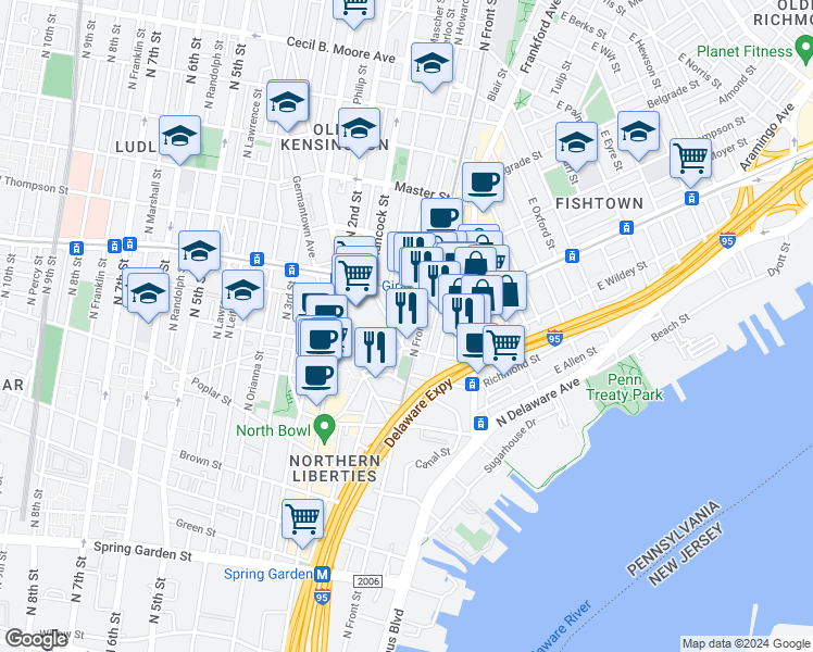 map of restaurants, bars, coffee shops, grocery stores, and more near 1101 North Front Street in Philadelphia