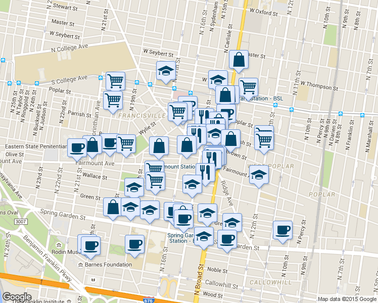 map of restaurants, bars, coffee shops, grocery stores, and more near 711 North 16th Street in Philadelphia