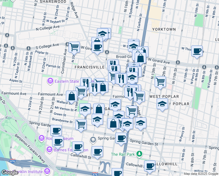 map of restaurants, bars, coffee shops, grocery stores, and more near 711 North 16th Street in Philadelphia