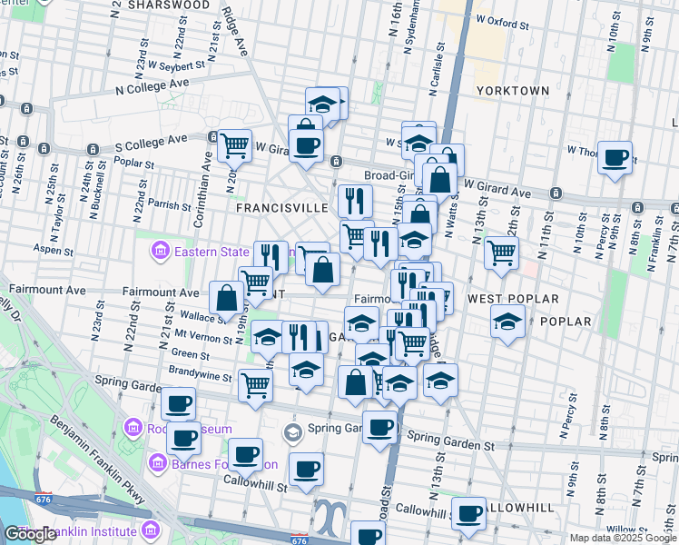 map of restaurants, bars, coffee shops, grocery stores, and more near 711 North 16th Street in Philadelphia