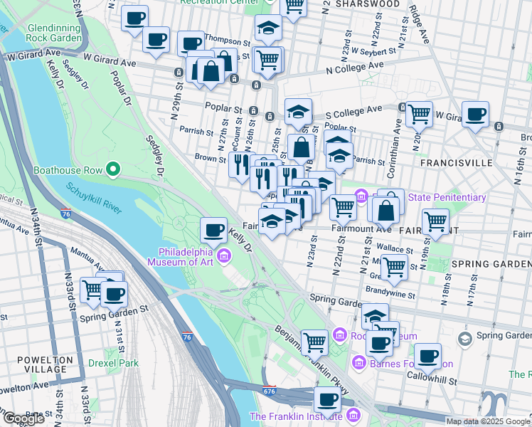 map of restaurants, bars, coffee shops, grocery stores, and more near 2401 Pennsylvania Avenue in Philadelphia