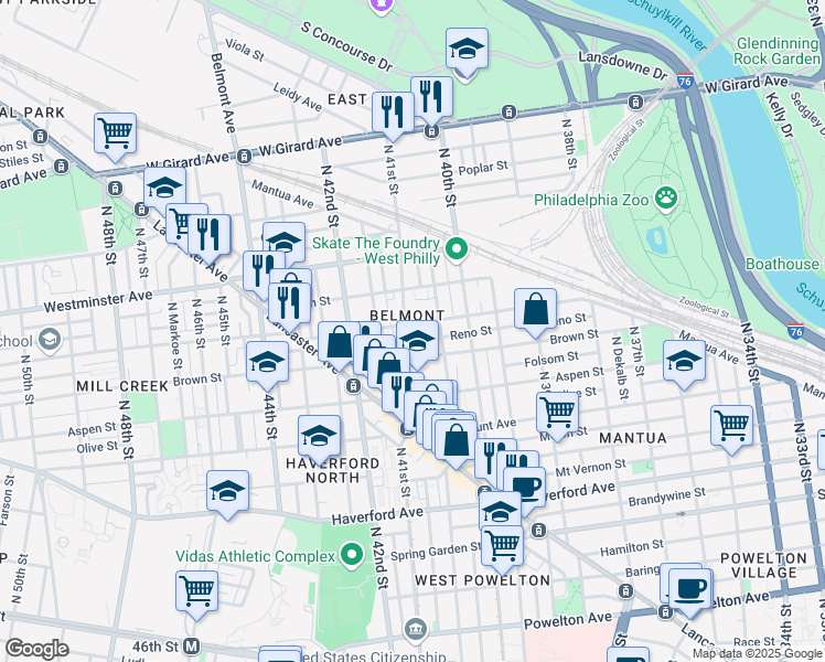 map of restaurants, bars, coffee shops, grocery stores, and more near 807 North 41st Street in Philadelphia