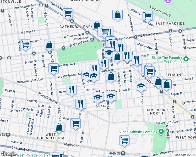 map of restaurants, bars, coffee shops, grocery stores, and more near 4813 Parrish Street in Philadelphia