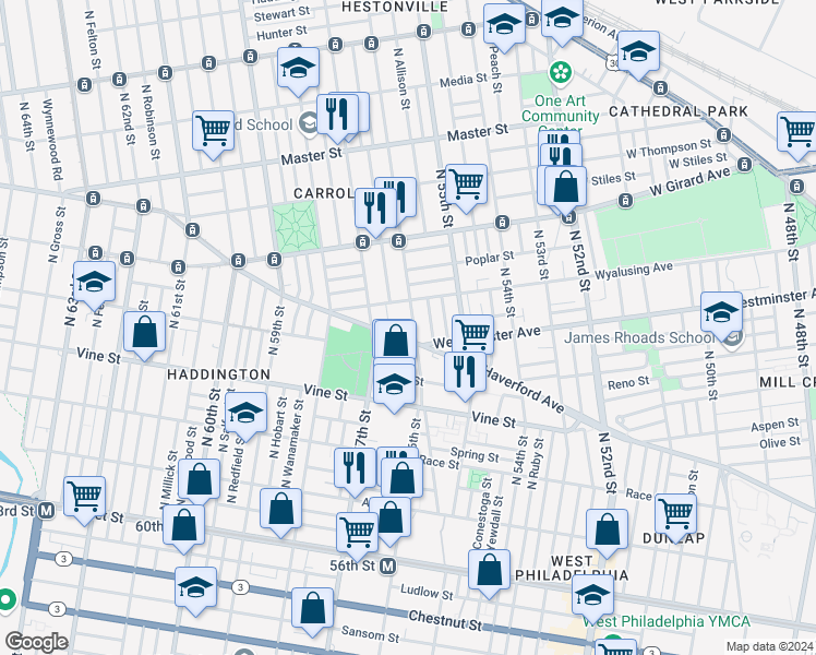 map of restaurants, bars, coffee shops, grocery stores, and more near 5612 Haverford Avenue in Philadelphia