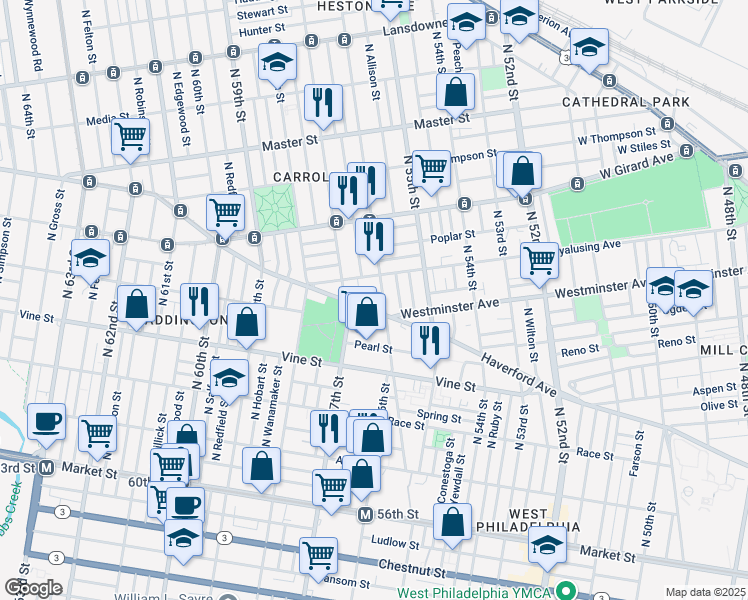 map of restaurants, bars, coffee shops, grocery stores, and more near 5612 Haverford Avenue in Philadelphia