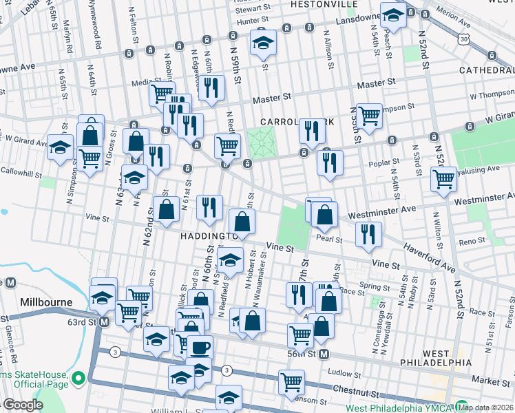 map of restaurants, bars, coffee shops, grocery stores, and more near 3 North 59th Street in Philadelphia