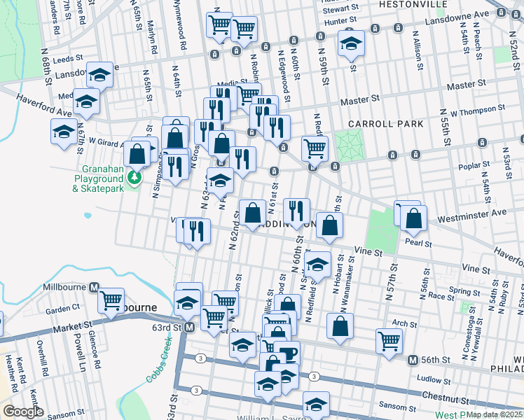 map of restaurants, bars, coffee shops, grocery stores, and more near 323 North 61st Street in Philadelphia