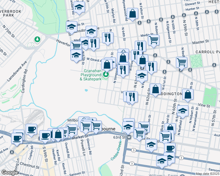 map of restaurants, bars, coffee shops, grocery stores, and more near 259 North Simpson Street in Philadelphia