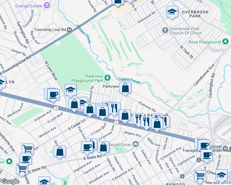map of restaurants, bars, coffee shops, grocery stores, and more near 138 North Fairview Avenue in Delaware County