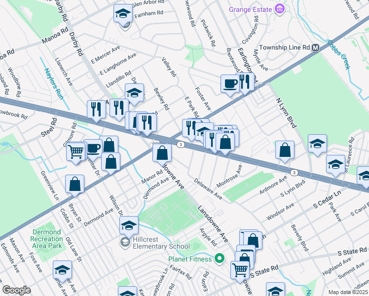 map of restaurants, bars, coffee shops, grocery stores, and more near 10 South Harwood Avenue in Delaware County
