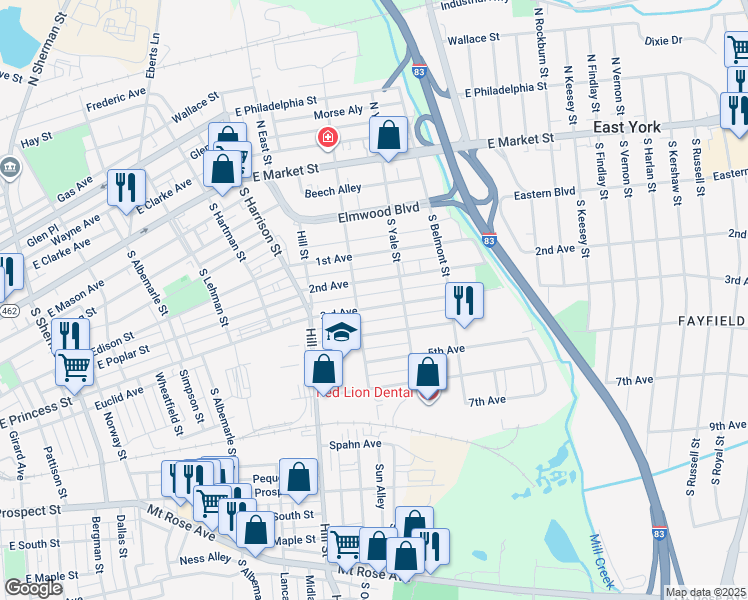 map of restaurants, bars, coffee shops, grocery stores, and more near 1515 3rd Avenue in York