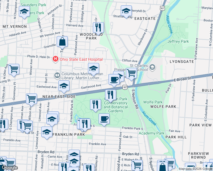 map of restaurants, bars, coffee shops, grocery stores, and more near in Columbus