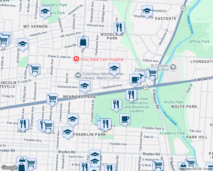 map of restaurants, bars, coffee shops, grocery stores, and more near 1640 East Broad Street in Columbus
