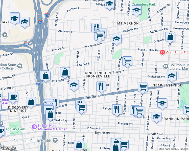 map of restaurants, bars, coffee shops, grocery stores, and more near 95 North 20th Street in Columbus