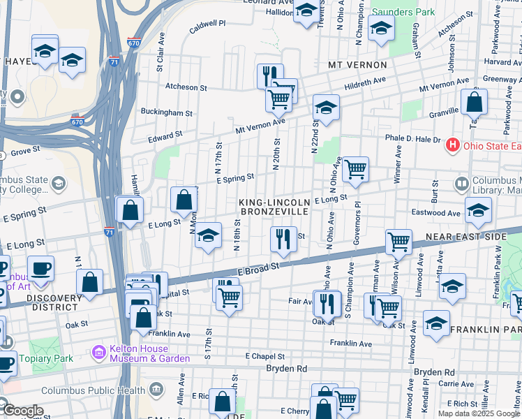 map of restaurants, bars, coffee shops, grocery stores, and more near 95 North 20th Street in Columbus