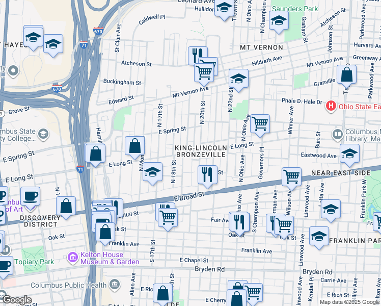 map of restaurants, bars, coffee shops, grocery stores, and more near 95 North 20th Street in Columbus