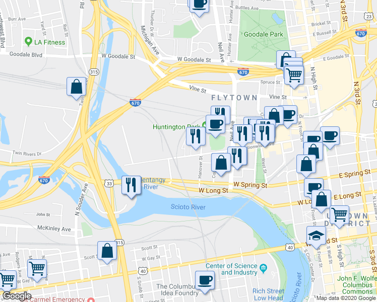 map of restaurants, bars, coffee shops, grocery stores, and more near 403 West Nationwide Boulevard in Columbus