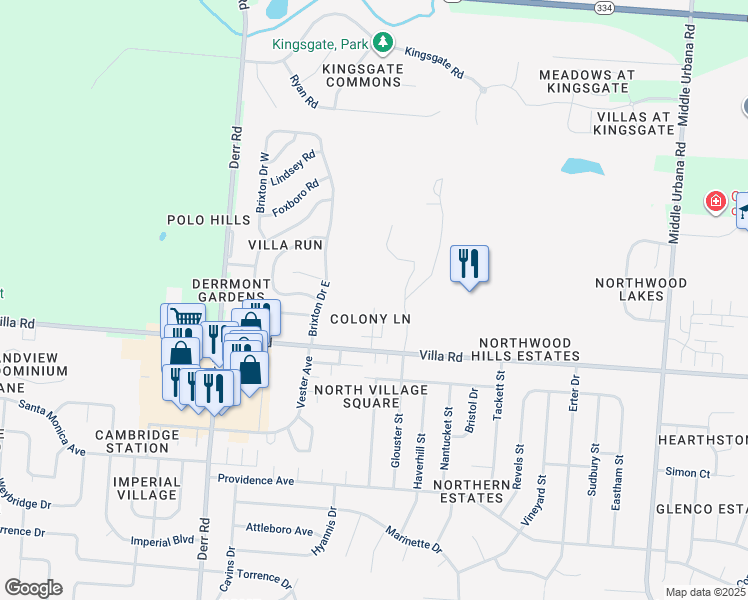 map of restaurants, bars, coffee shops, grocery stores, and more near 3034 Colony Lane in Springfield