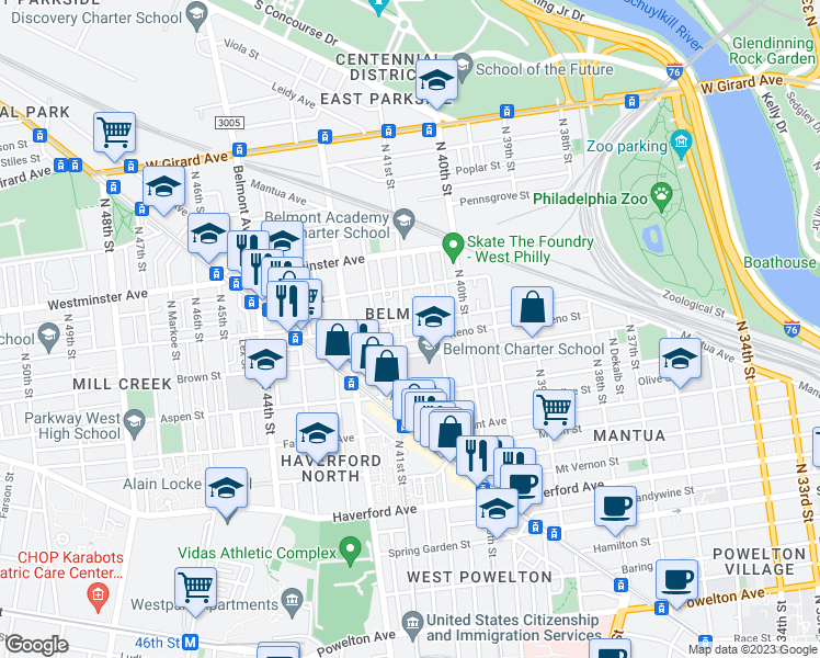 map of restaurants, bars, coffee shops, grocery stores, and more near 825 North 41st Street in Philadelphia