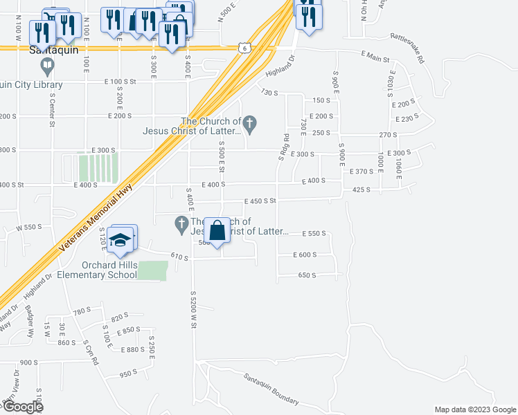 map of restaurants, bars, coffee shops, grocery stores, and more near 626 East 450 South Street in Santaquin