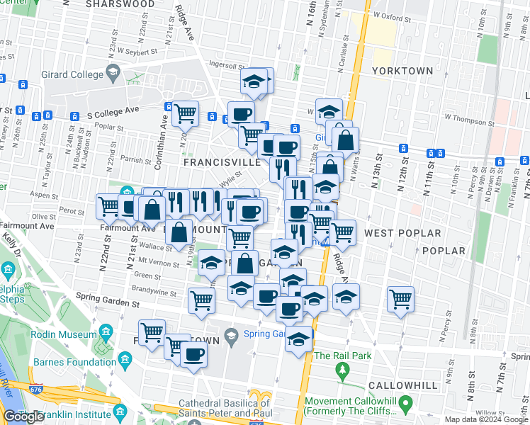 map of restaurants, bars, coffee shops, grocery stores, and more near 1621 Swain Street in Philadelphia