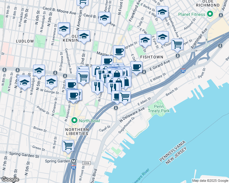 map of restaurants, bars, coffee shops, grocery stores, and more near 1140 Frankford Avenue in Philadelphia