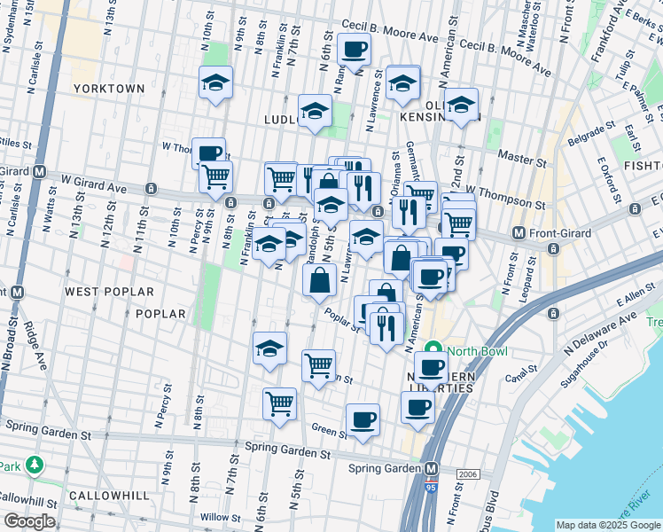 map of restaurants, bars, coffee shops, grocery stores, and more near 961 North 5th Street in Philadelphia