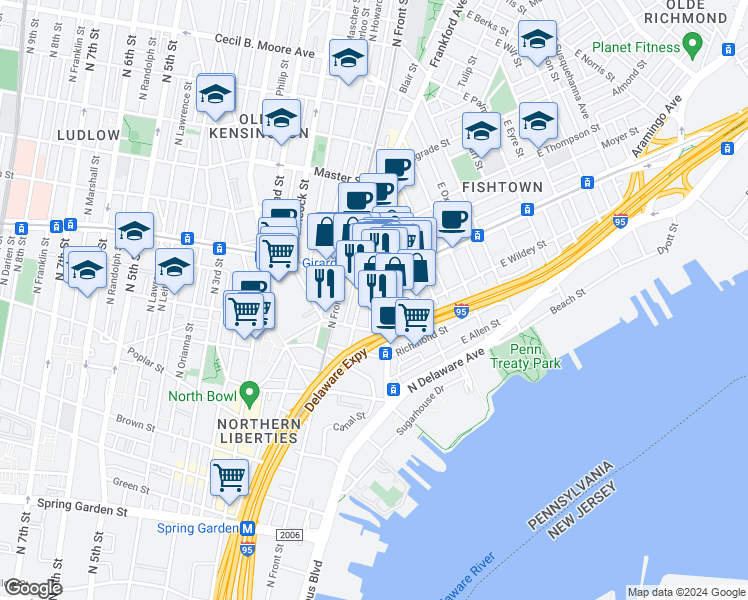 map of restaurants, bars, coffee shops, grocery stores, and more near 1133 Dunton Street in Philadelphia