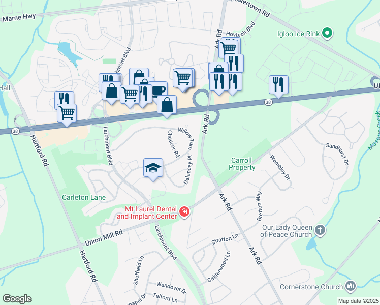map of restaurants, bars, coffee shops, grocery stores, and more near 326A Willow Turn in Mount Laurel Township