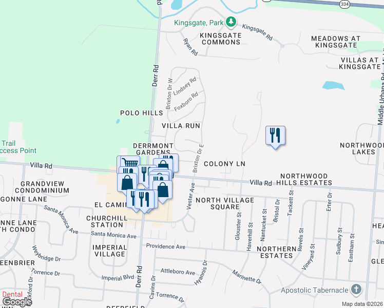 map of restaurants, bars, coffee shops, grocery stores, and more near 3020 Brixton Drive West in Springfield