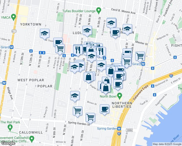 map of restaurants, bars, coffee shops, grocery stores, and more near 961 North 5th Street in Philadelphia