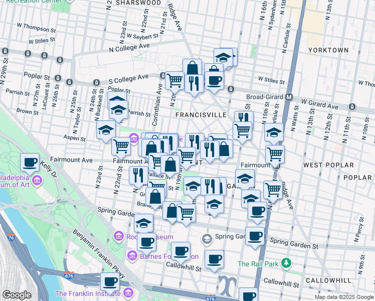 map of restaurants, bars, coffee shops, grocery stores, and more near 732 Shirley Street in Philadelphia